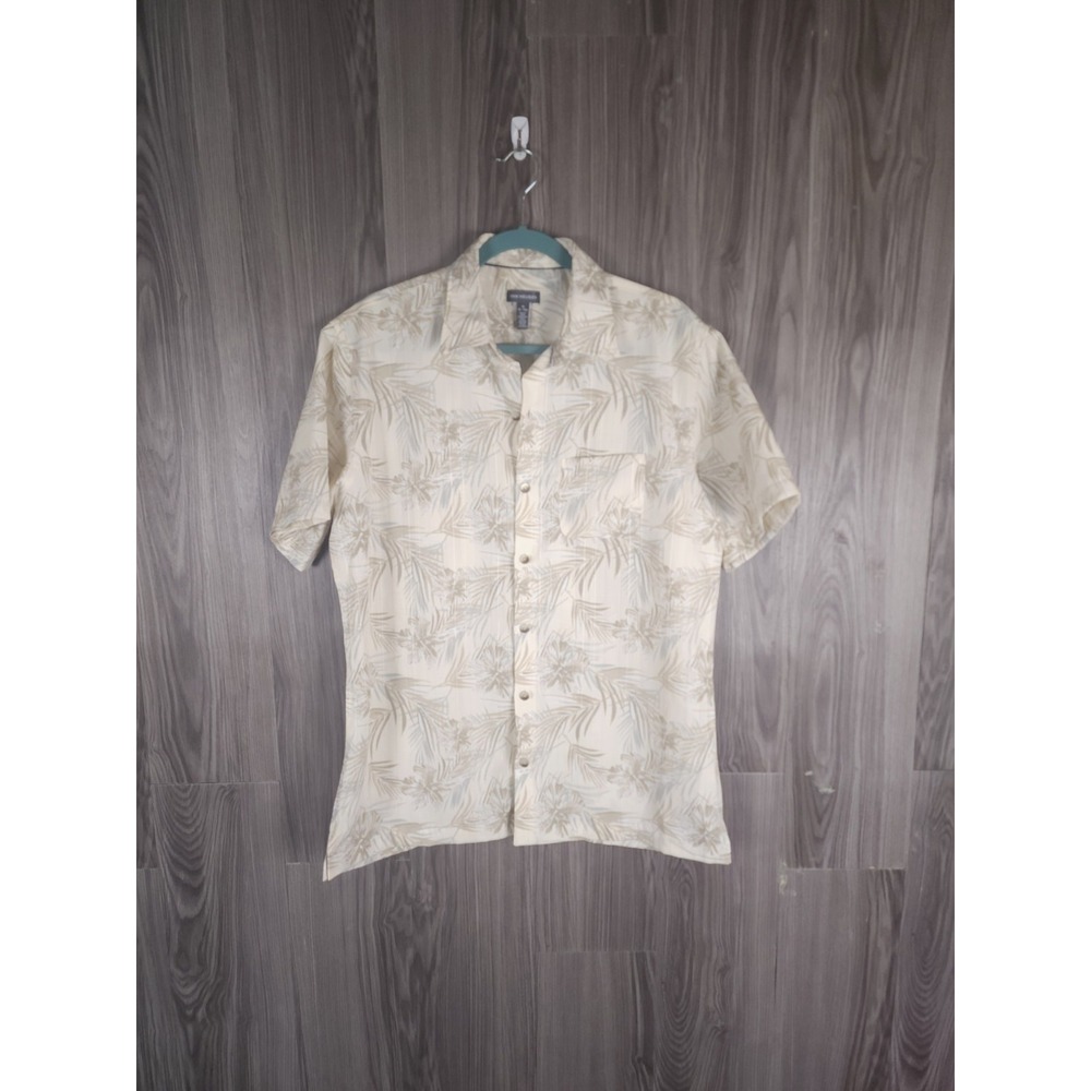 Van Heusen Mens Medium Cream Tan Tropical Palm Leaf Short Sleeve Button Down